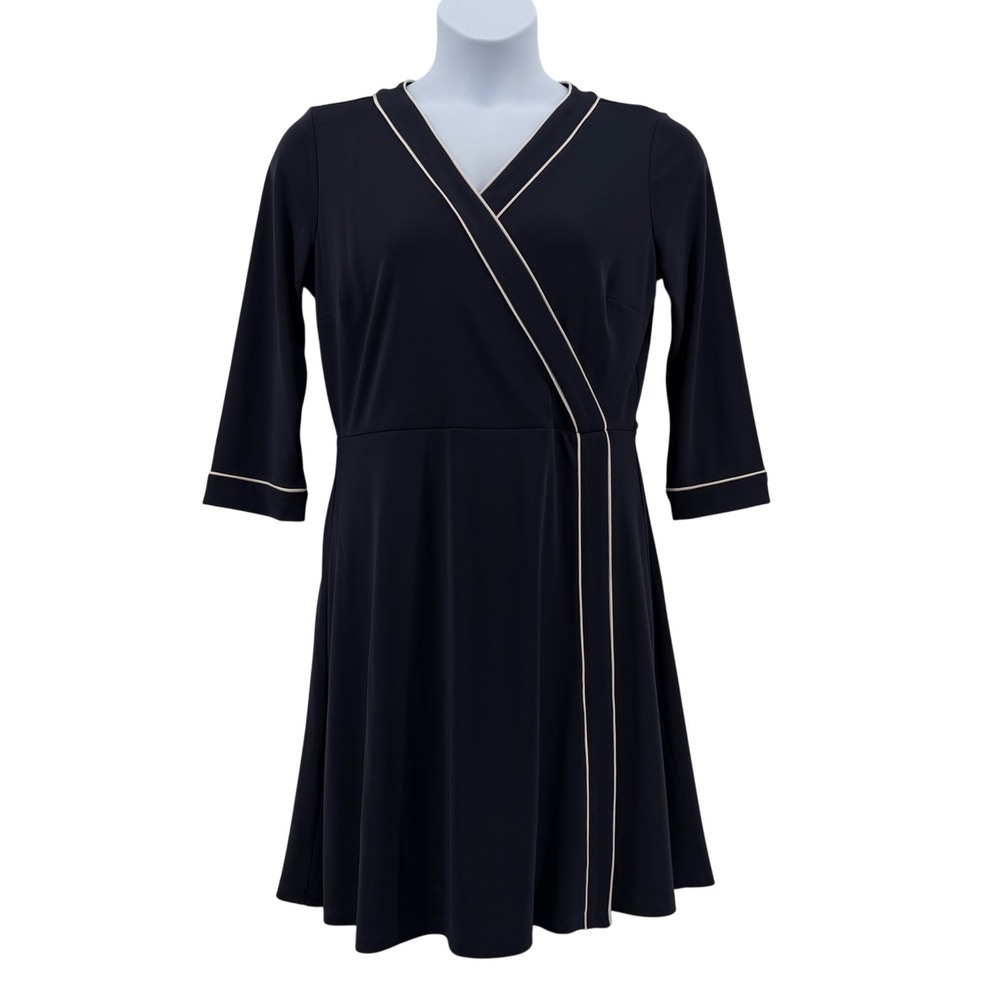 Talbots Petite Navy Blue Faux Wrap Dress Contrast Trim Professional Size PL NWT